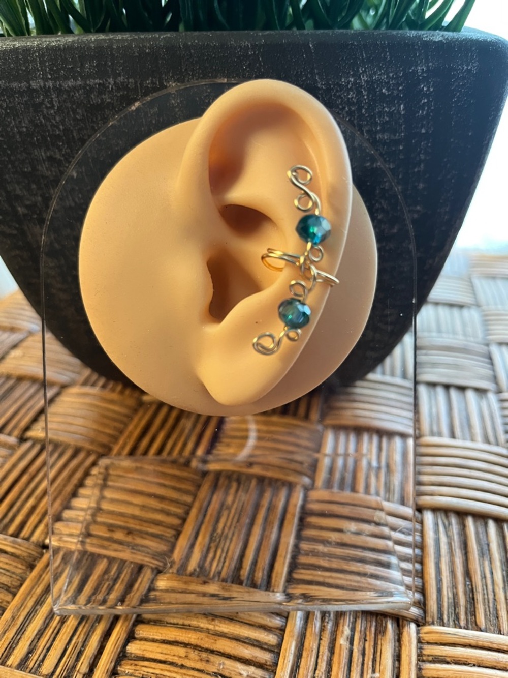 Gold Wire Ear Cuff with Teal Crystal Beads - Women Jewelry Earrings